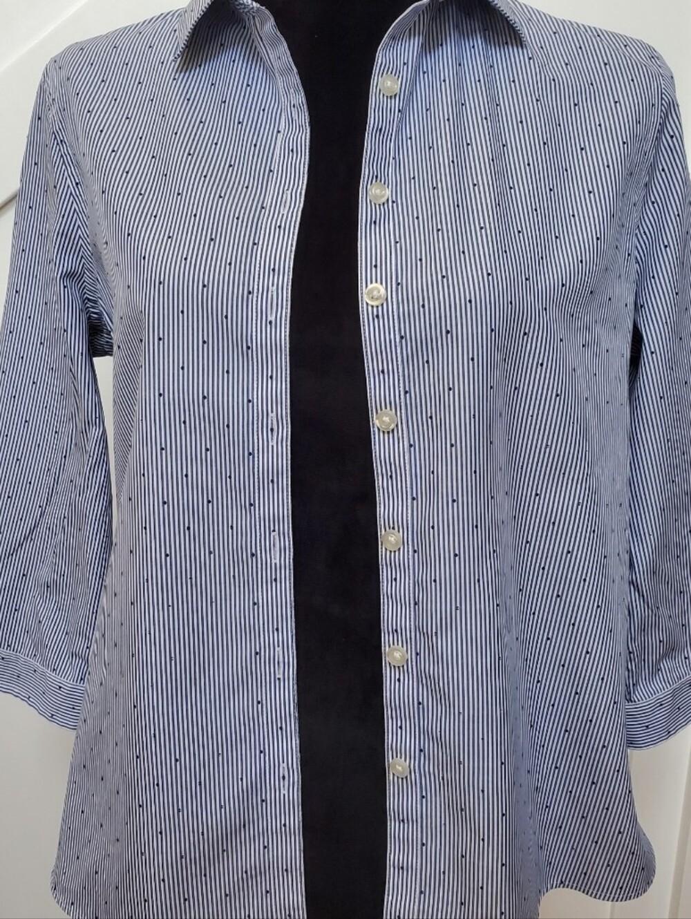 Lands' End Blue and White Pinstripe Button-Down Shirt w Embroidered Polka Dots